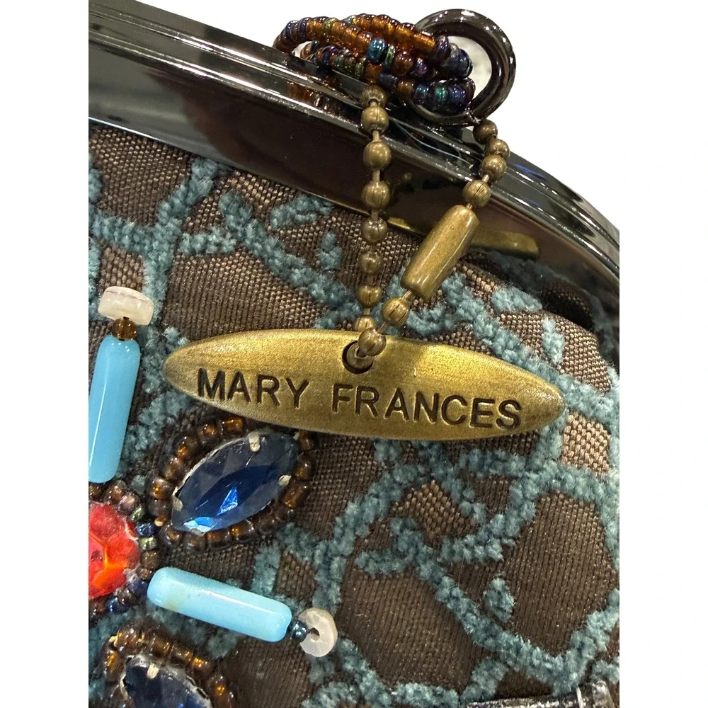 Mary Frances Beaded Feather Fur Evening Clutch Handbag Blue Brown Jeweled Purse